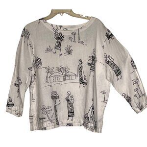 Hot Cotton by Marc Ware L Figure Sketch Print 3/4 Sleeve 100% Linen Natural USA